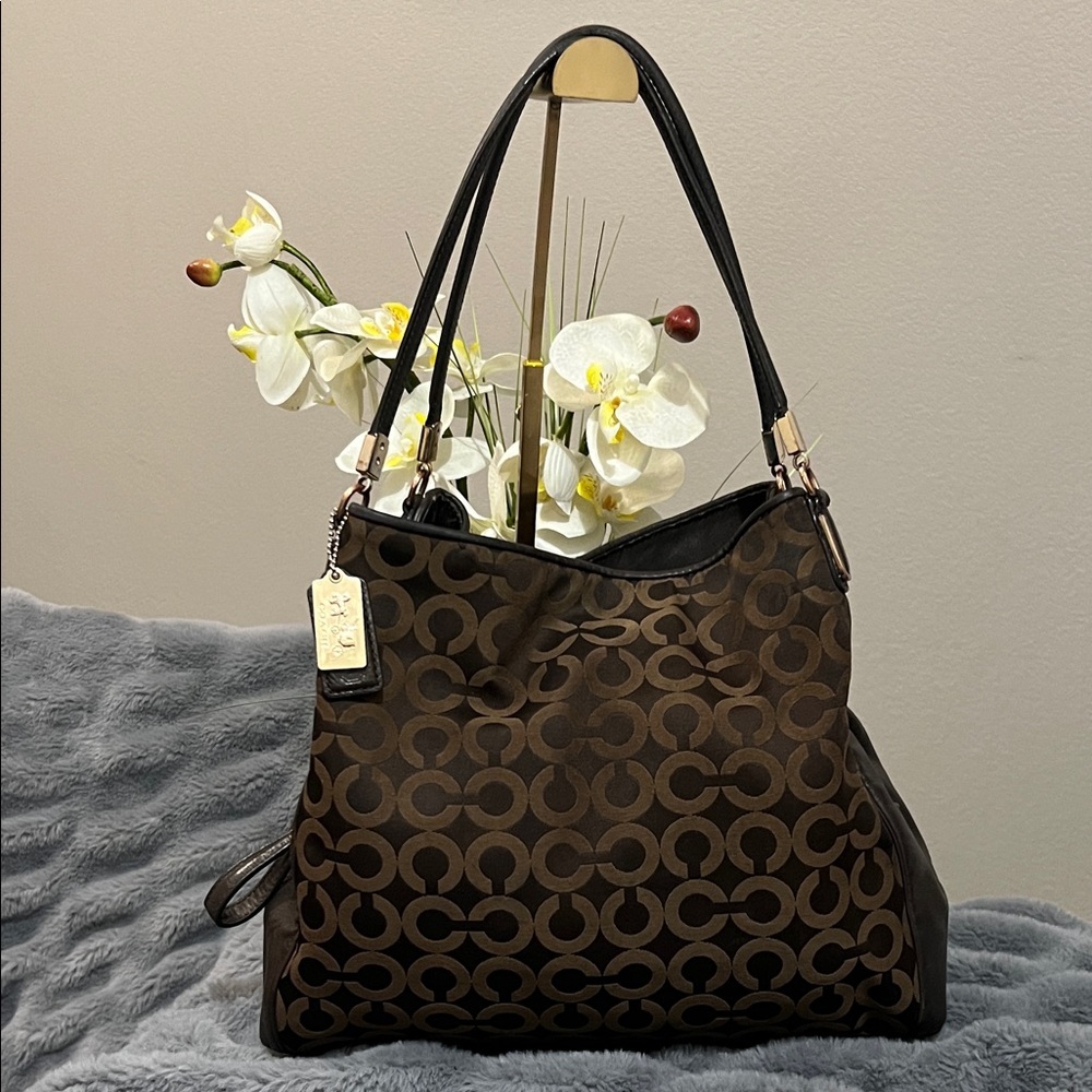 Coach Brown Signature Canvas Shoulder Bag with Black Straps and Gold Hardware